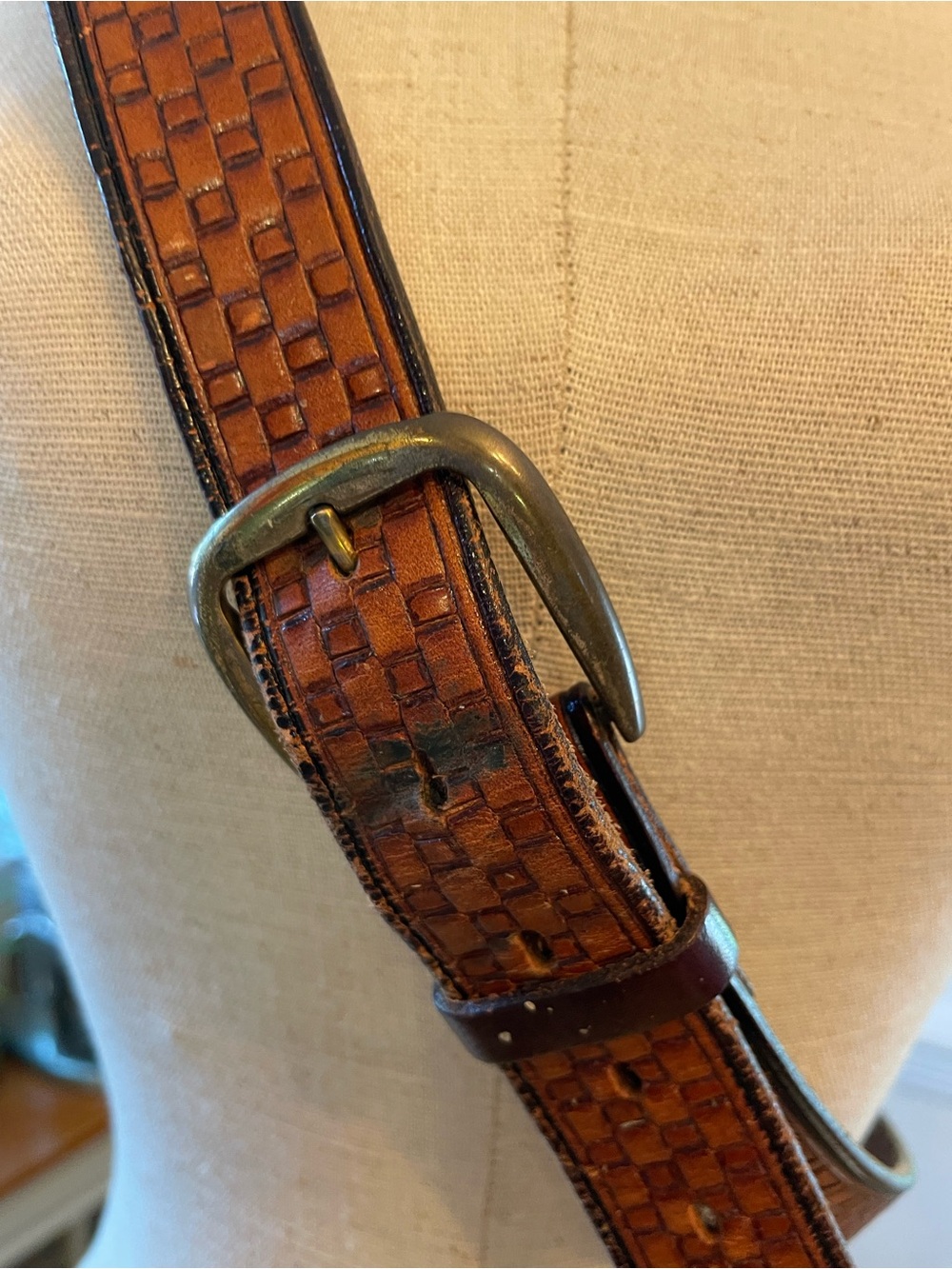 Vintage Brown Basketweave Leather Belt with Antiqued Buckle